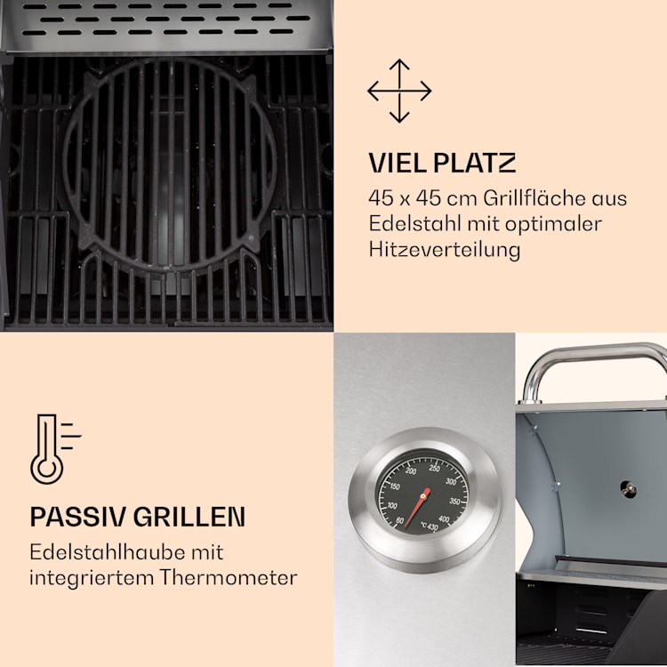 Lucifer 2 Gasgrill 2 x 3,6 kW Brenner 45x45cm Grill Edelstahl mobil 2 Brenner | Grau