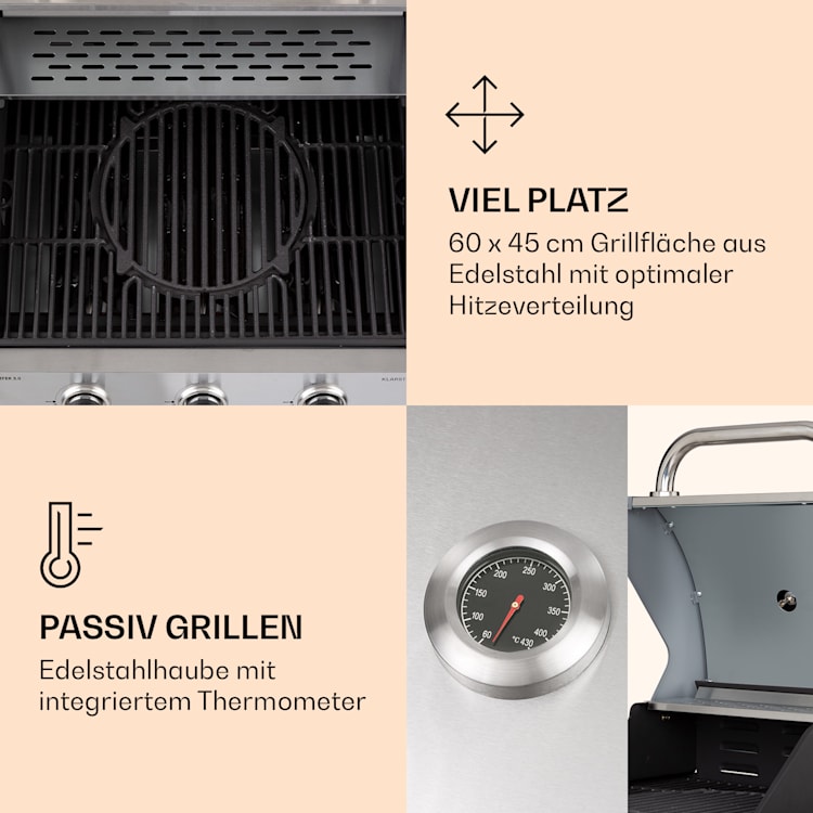 Lucifer 3 Gasgrill 3 x 3,6 kW Brenner 60x45cm Grill Edelstahl mobil 3 Brenner | Grau
