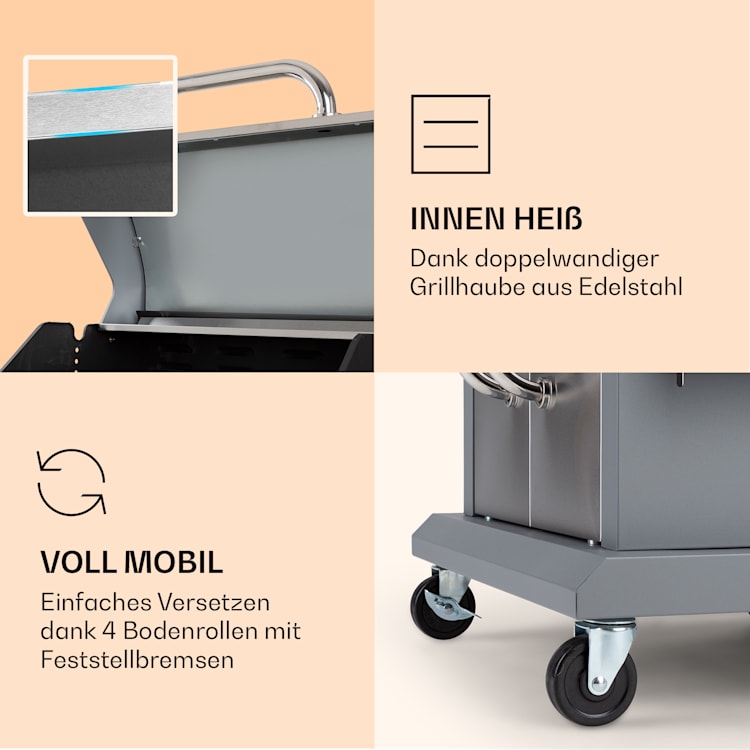 Lucifer 3 Gasgrill 3 x 3,6 kW Brenner 60x45cm Grill Edelstahl mobil 3 Brenner | Grau