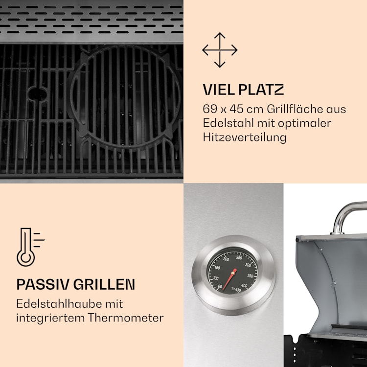 Lucifer 4 Gasgrill 4 x 3,6 kW Brenner 69x45cm Grill Edelstahl mobil 4 Brenner | Grau