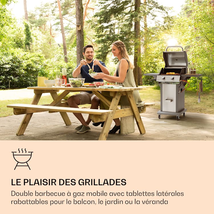 Lucifer 2 Barbecue à gaz 2 x 3,6 kW brûleurs 45 x 45 cm barbecue inox mobile 2 brûleurs | Gris