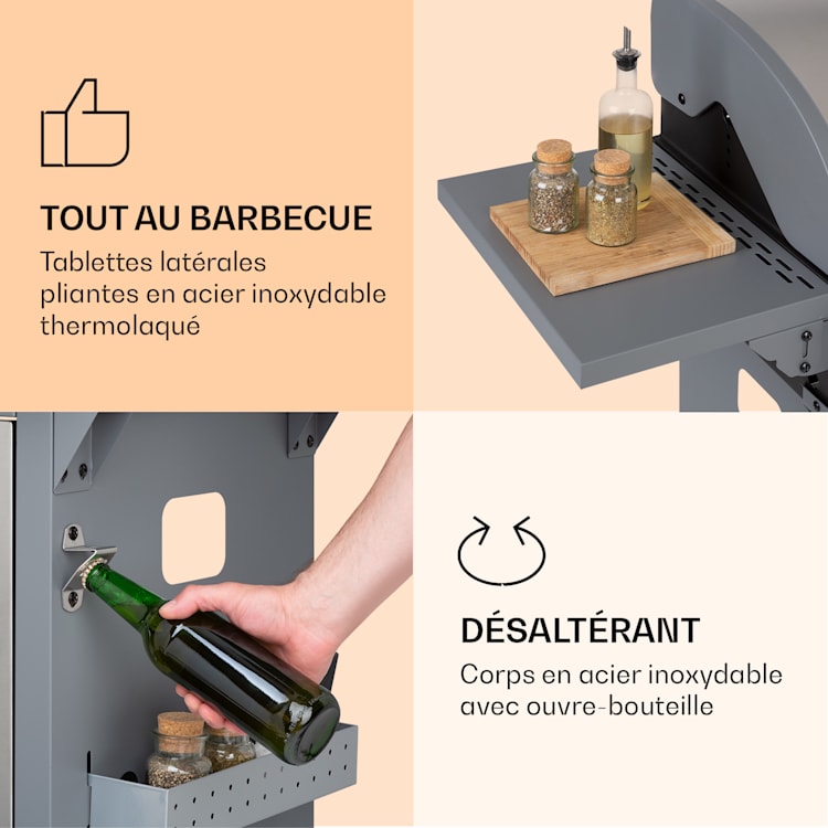 Lucifer 3 Barbecue à gaz 3 x 3,6 kW brûleurs 60 x 45 cm barbecue inox mobile 3 brûleurs | Gris