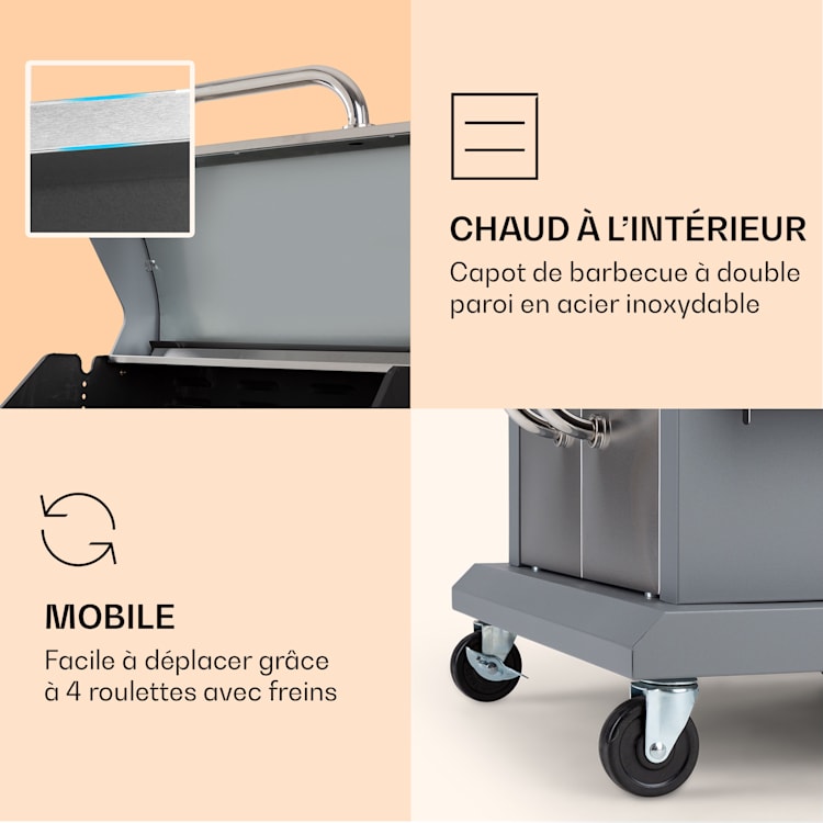 Lucifer 3 Barbecue à gaz 3 x 3,6 kW brûleurs 60 x 45 cm barbecue inox mobile 3 brûleurs | Gris