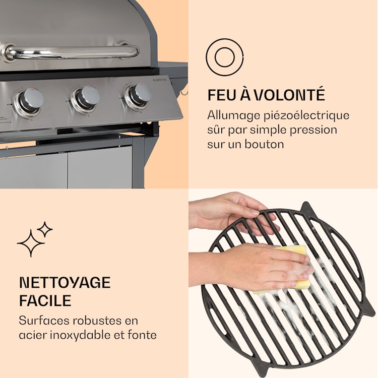 Lucifer 3 Barbecue à gaz 3 x 3,6 kW brûleurs 60 x 45 cm barbecue inox mobile 3 brûleurs | Gris