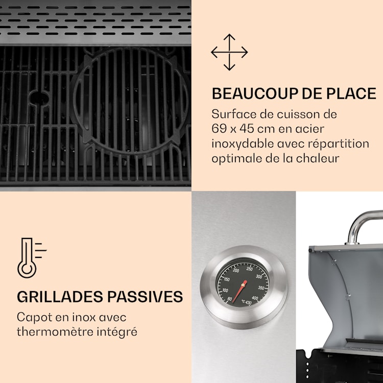 Lucifer 4 Barbecue à gaz 4 x 3,6 kW brûleurs 69 x 45 cm barbecue inox mobile 4 brûleurs | Gris