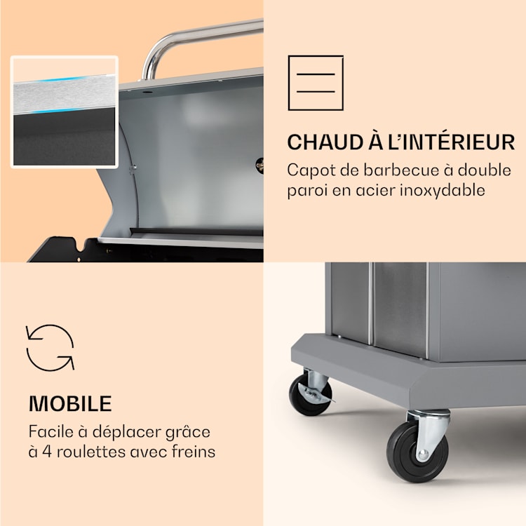 Lucifer 4 Barbecue à gaz 4 x 3,6 kW brûleurs 69 x 45 cm barbecue inox mobile 4 brûleurs | Gris
