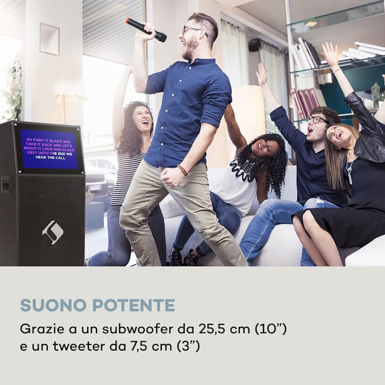 KTV M - Impianto per karaoke, display touch da 12,1", 2 microfoni UHF, WiFi, BT, USB, SD, HDMI, trolley