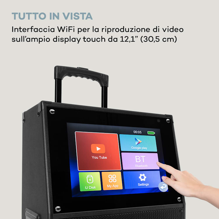 KTV M - Impianto per karaoke, display touch da 12,1", 2 microfoni UHF, WiFi, BT, USB, SD, HDMI, trolley