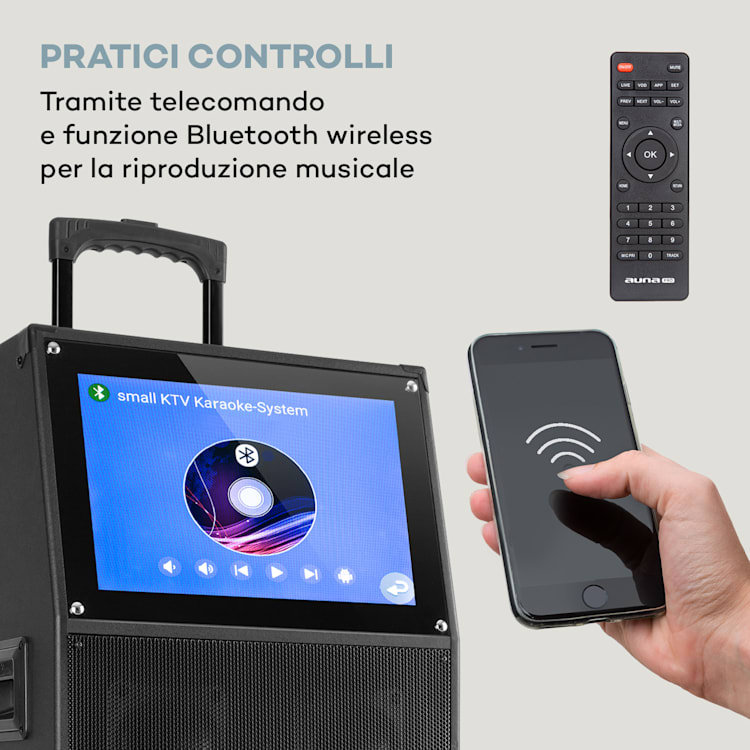 KTV M - Impianto per karaoke, display touch da 12,1", 2 microfoni UHF, WiFi, BT, USB, SD, HDMI, trolley