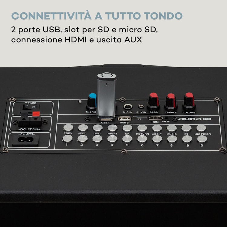 KTV M - Impianto per karaoke, display touch da 12,1", 2 microfoni UHF, WiFi, BT, USB, SD, HDMI, trolley