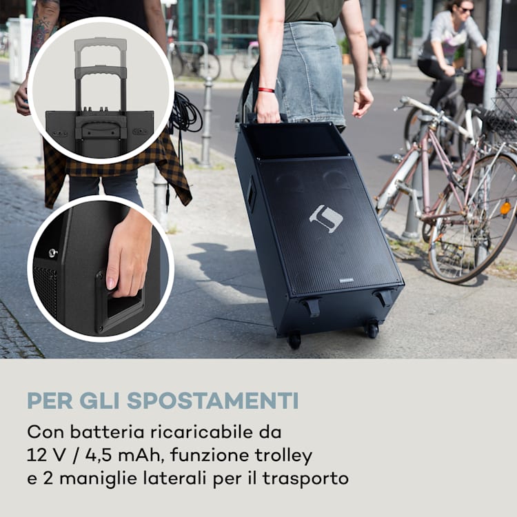 KTV M - Impianto per karaoke, display touch da 12,1", 2 microfoni UHF, WiFi, BT, USB, SD, HDMI, trolley