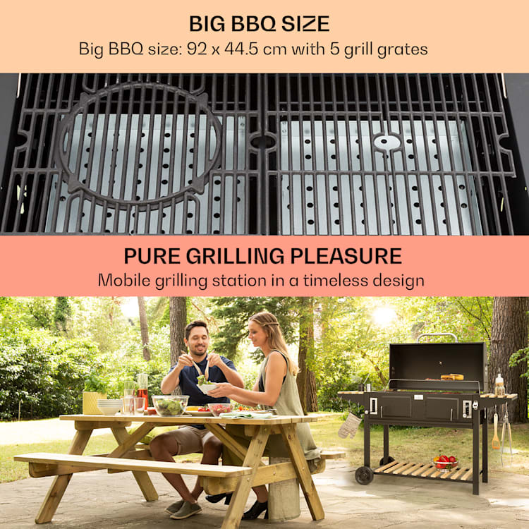 Aberdeen Double Charcoal Grill Smoker Teplomer 2 bočné stoly mobilné 5 grilovacie rošty