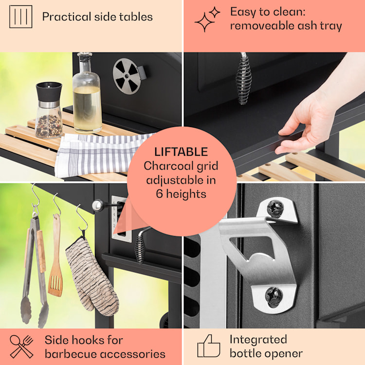 Aberdeen Double Charcoal Grill Smoker Teplomer 2 bočné stoly mobilné 5 grilovacie rošty