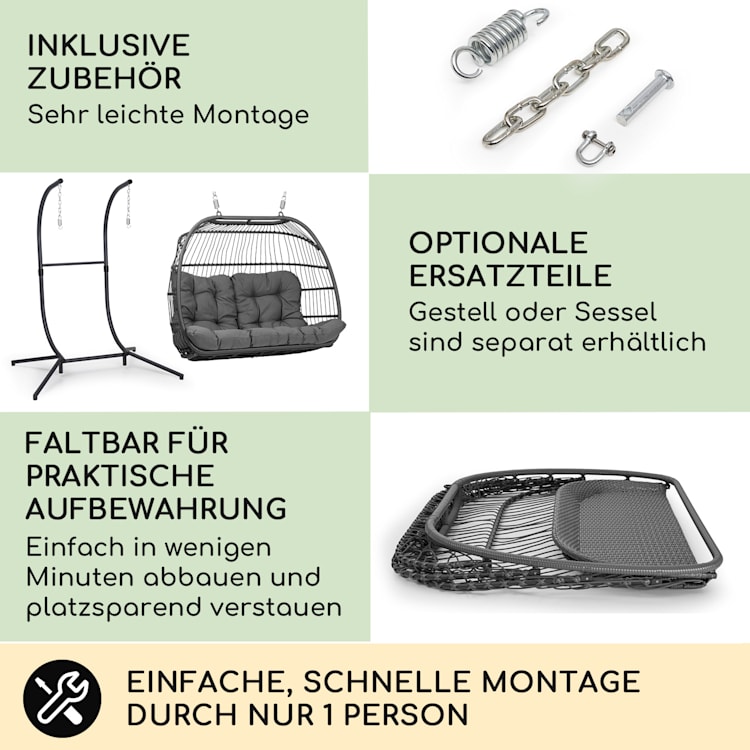 Biarritz Double Hängesessel Zweisitzer Sitzkissen Polyester Aluminium Polyrattan 260 kg Zweisitzer | Grau