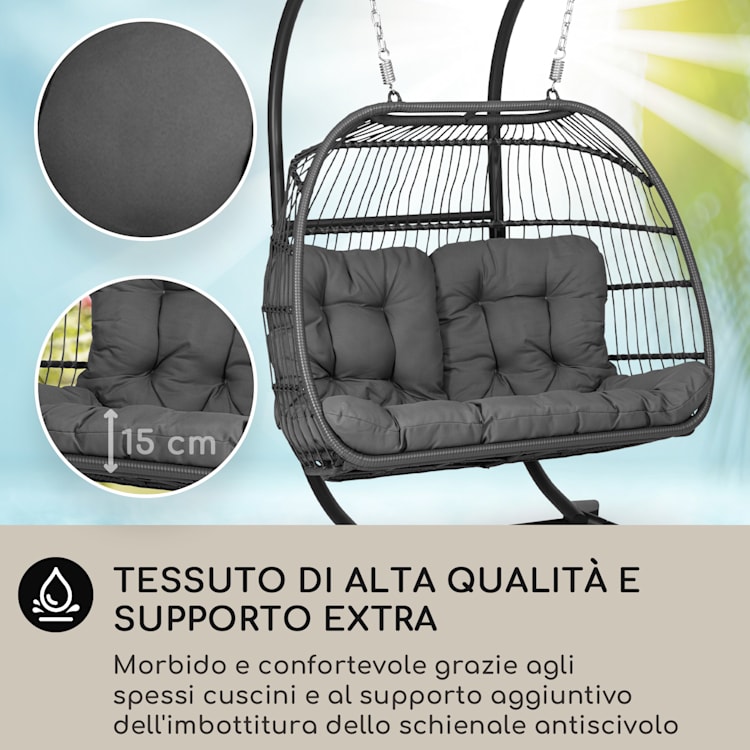 Biarritz Double - Poltrona sospesa a due posti, cuscino di seduta, poliestere, alluminio, polyrattan, 260 kg A due posti | Grigio