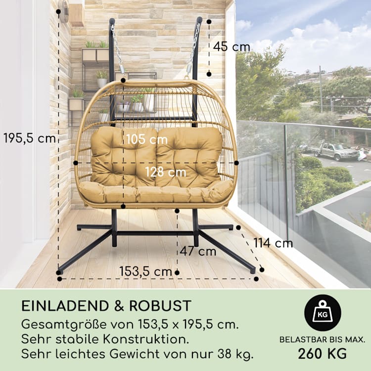 Biarritz Double Hängesessel Zweisitzer Sitzkissen Polyester Aluminium Polyrattan 260 kg Zweisitzer | Beige
