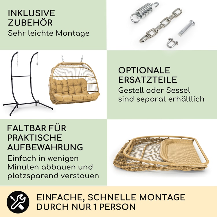 Biarritz Double Hängesessel Zweisitzer Sitzkissen Polyester Aluminium Polyrattan 260 kg Zweisitzer | Beige