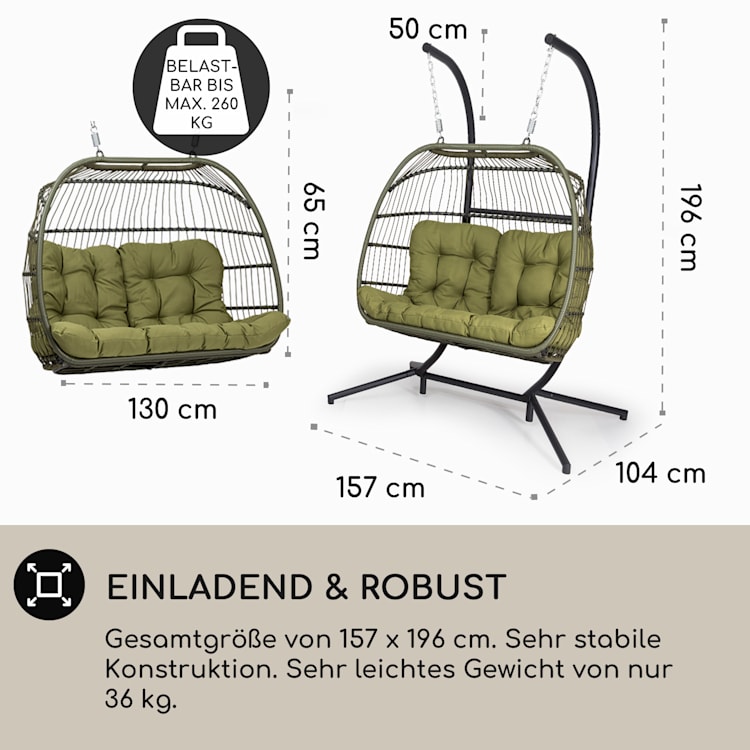 Biarritz Double Hängesessel Zweier PE Aluminium Polyrattan 260 kg Zweisitzer | Dunkelgrün