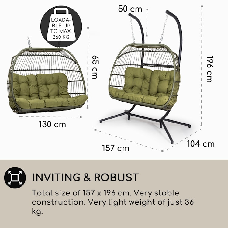 Biarritz Double, závesné kreslo, dvojmiestne sedadlo, vankúš, polyester, hliník, polyratan, 260 kg Dvojsedadlový | Tmavá zelená