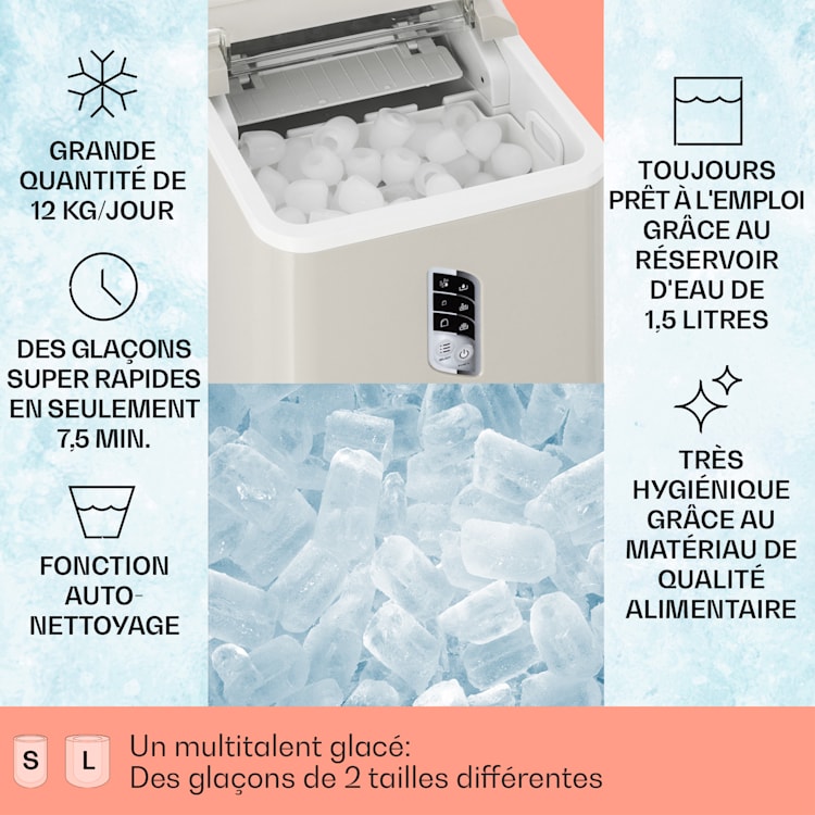 Albaron Machine à glaçons en boule 12 kg / 24 h 1,5 litre Écran 1,5 L | Crème
