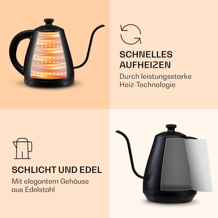 Garcon Wasserkocher 1L 2000W Warmhaltefunktion Schwanenhals Edelstahl Schwarz