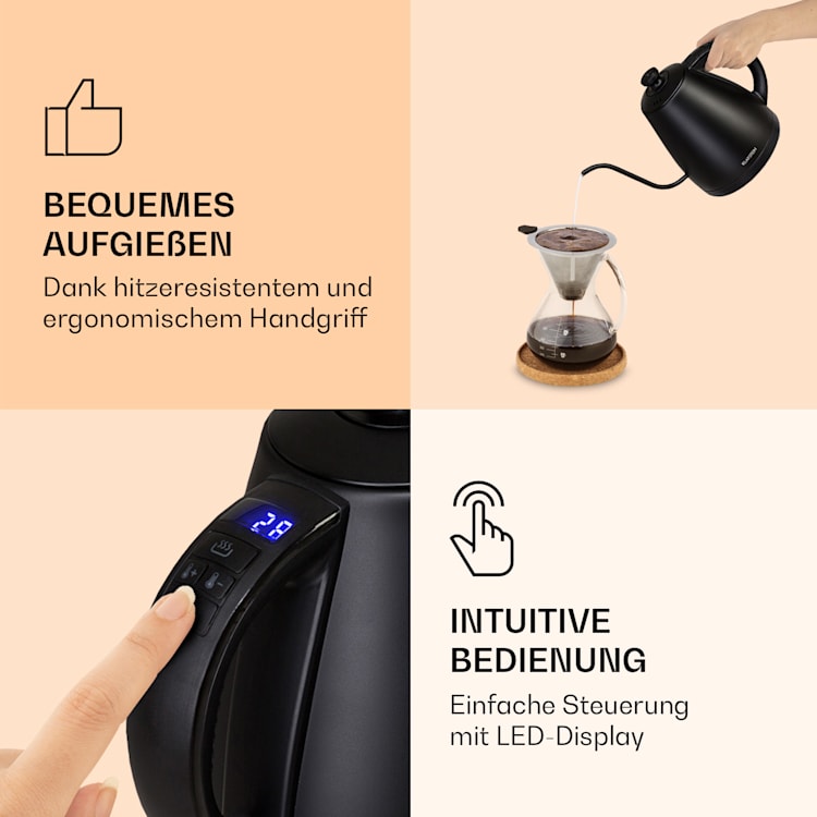 Garcon Wasserkocher 1L 2000W Warmhaltefunktion Schwanenhals Edelstahl Schwarz
