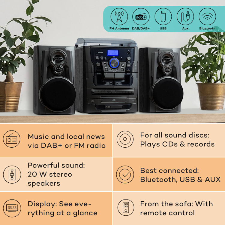 388 Franklin DAB+, stereo systém, gramofón, prehrávač na 3 CD, BT, prehrávač na kazety, AUX, USB port Čierna