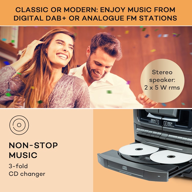 388 Franklin DAB+, stereo systém, gramofón, prehrávač na 3 CD, BT, prehrávač na kazety, AUX, USB port Čierna