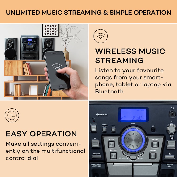 388 Franklin DAB+, stereo systém, gramofón, prehrávač na 3 CD, BT, prehrávač na kazety, AUX, USB port Čierna
