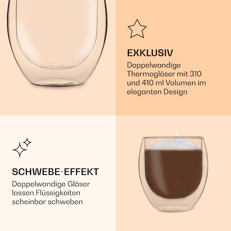 DUOS Jumbo doppelwandiges Glas | Thermoglas | 2 x 310 ml & 410 ml | Trinkglas | Espressoglas, Teeglas, Shotglas | für heiße und kalte Getränke | Borosilikatglas| hitze- und kältebeständig | handgemacht | spülmaschinenfest | Schwebe-Effekt 2er-Set