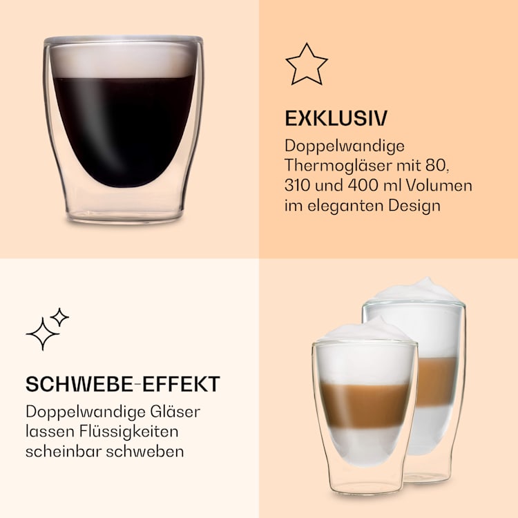 DUOS doppelwandiges Glas | Thermoglas | 2 x 80, 310, 400 ml | Trinkglas | Espressoglas, Teeglas, Shotglas | für heiße und kalte Getränke | Borosilikatglas| hitze- und kältebeständig | handgemacht | spülmaschinenfest | Schwebe-Effekt 2er-Set