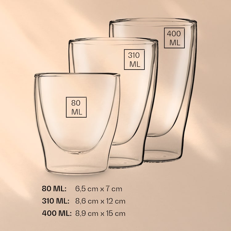 DUOS doppelwandiges Glas | Thermoglas | 2 x 80, 310, 400 ml | Trinkglas | Espressoglas, Teeglas, Shotglas | für heiße und kalte Getränke | Borosilikatglas| hitze- und kältebeständig | handgemacht | spülmaschinenfest | Schwebe-Effekt 2er-Set