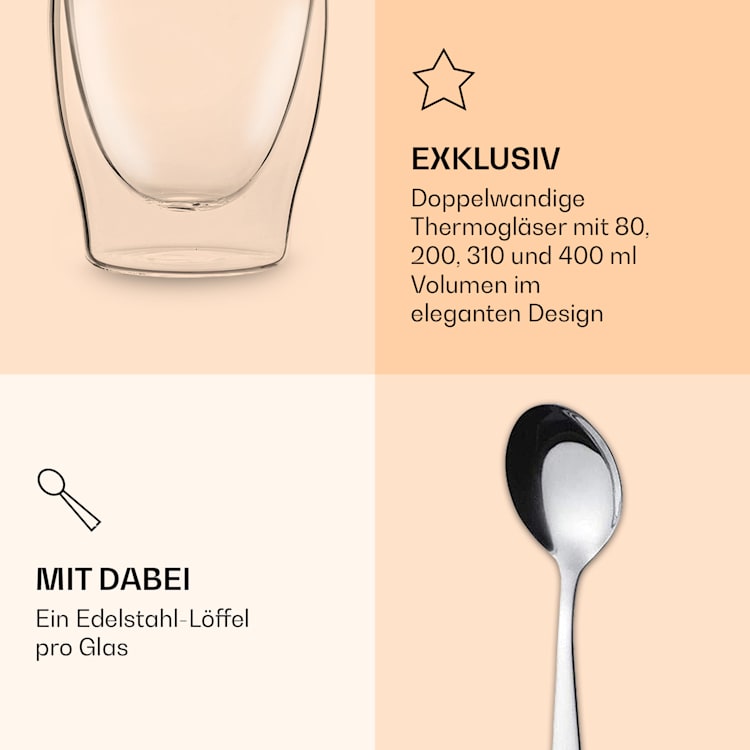 DUOS doppelwandiges Glas 80, 200, 310, 400 ml Thermofunktion inkl. Edelstahl-Löffel 2er-Set