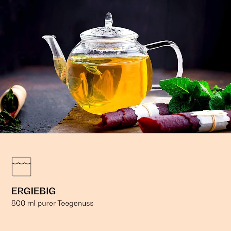 Glaskanne 800 ml Borosilikatglas mit Deckel, Teesieb und Teeblumen