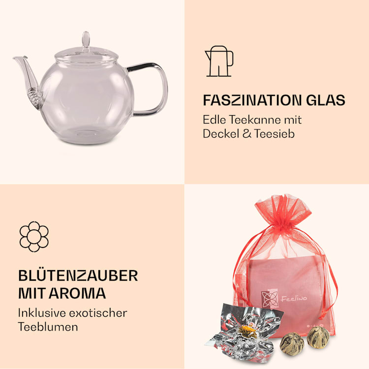 Glaskanne 800 ml Borosilikatglas mit Deckel, Teesieb und Teeblumen