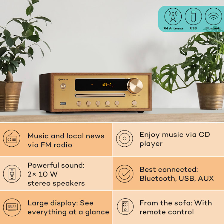 Berklee, HiFi stereo sustav, Bluetooth, stereo zvučnici, UWK, MP3, USB, Line-In Smeđa