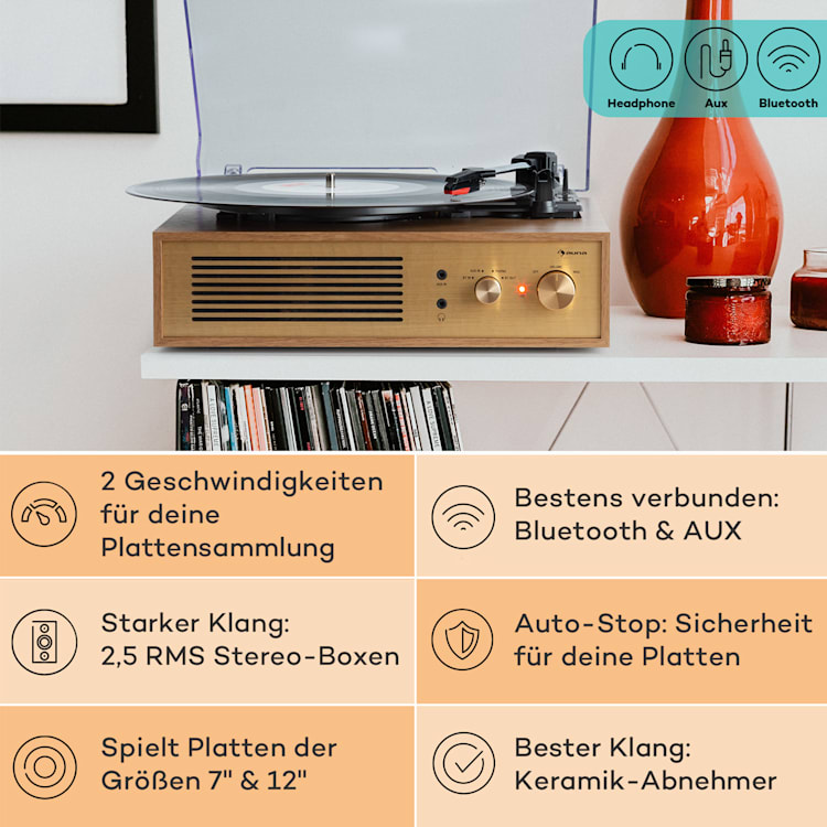 Berklee TT Classic Plattenspieler Riemenantrieb 33 1/3 & 45 U/min Stereo-Lautsprecher Braun