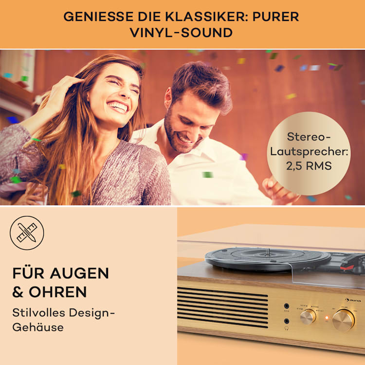 Berklee TT Classic Plattenspieler Riemenantrieb 33 1/3 & 45 U/min Stereo-Lautsprecher Braun