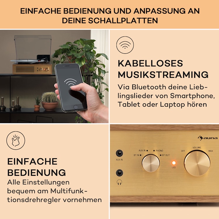 Berklee TT Classic Plattenspieler Riemenantrieb 33 1/3 & 45 U/min Stereo-Lautsprecher Braun