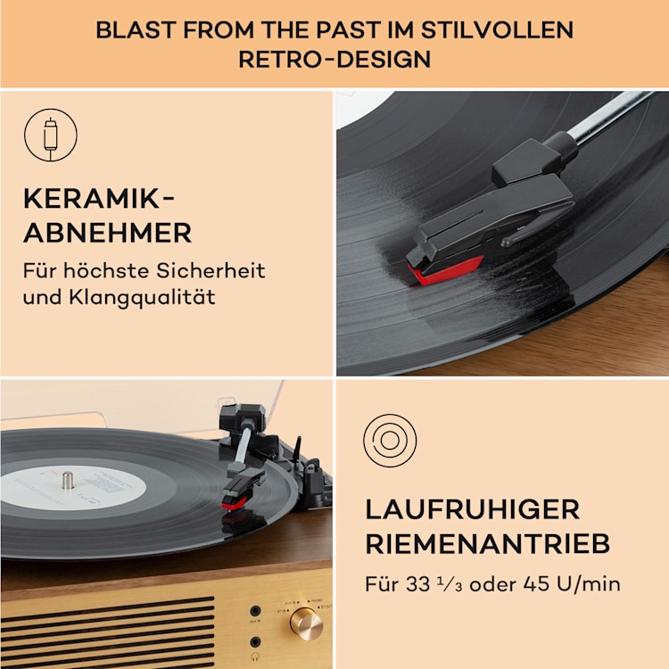 Berklee TT Classic Plattenspieler Riemenantrieb 33 1/3 & 45 U/min Stereo-Lautsprecher Braun