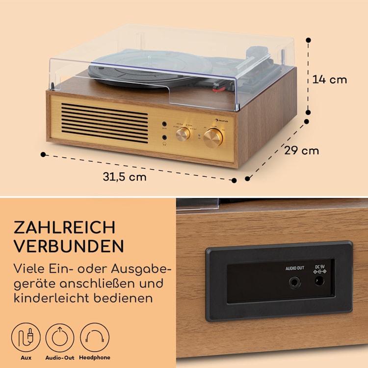 Berklee TT Classic Plattenspieler Riemenantrieb 33 1/3 & 45 U/min Stereo-Lautsprecher Braun