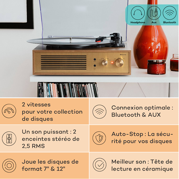Platine vinyle Berklee TT Classic entraînement par courroie 33 1/3 & 45 T/min enceintes stéréo Brun