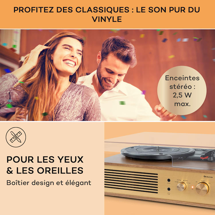 Platine vinyle Berklee TT Classic entraînement par courroie 33 1/3 & 45 T/min enceintes stéréo Brun