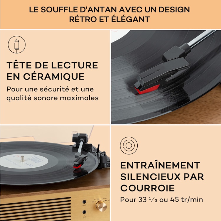 Platine vinyle Berklee TT Classic entraînement par courroie 33 1/3 & 45 T/min enceintes stéréo Brun