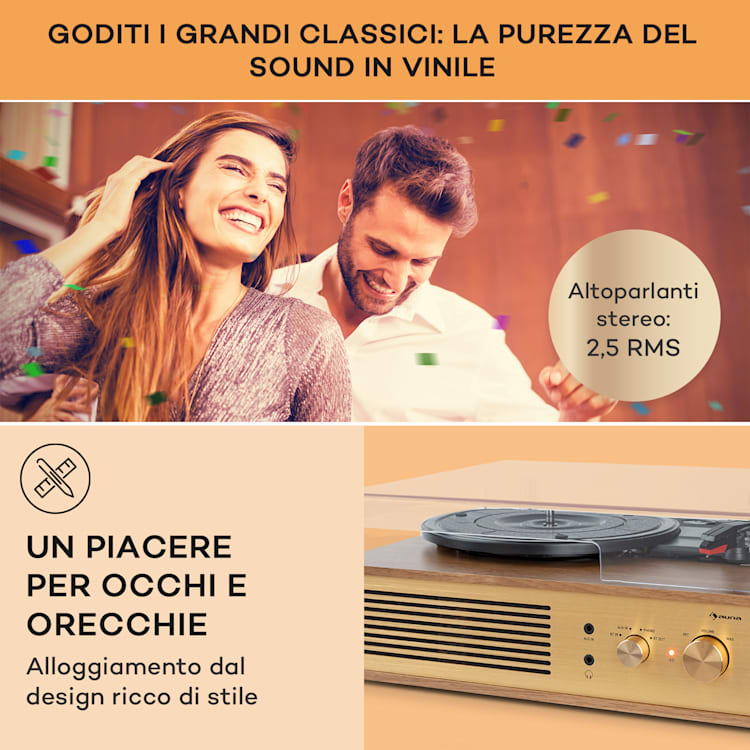Berklee TT Classic - Giradischi, trazione a cinghia, 33 1/3 & 45 giri/minuto, diffusori stereo Teak
