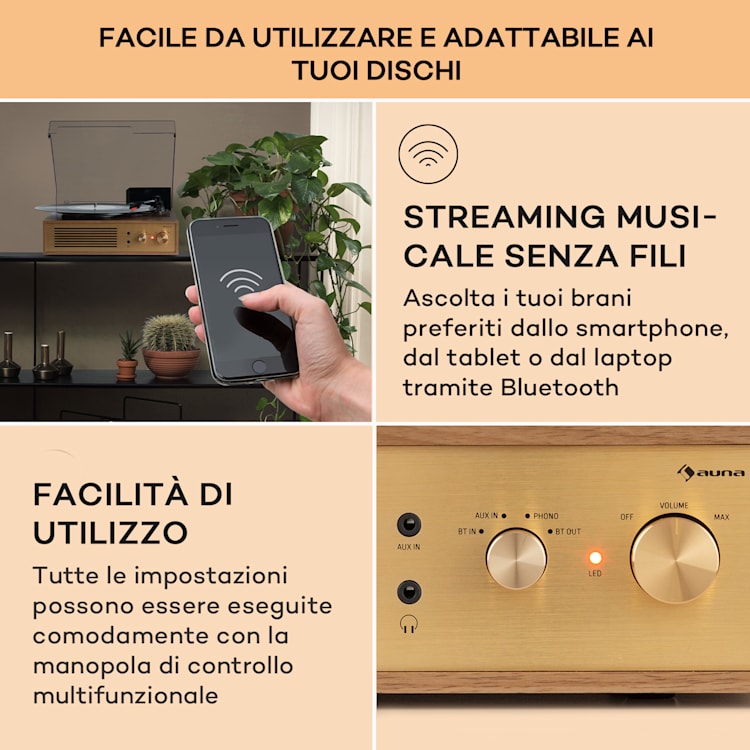 Berklee TT Classic - Giradischi, trazione a cinghia, 33 1/3 & 45 giri/minuto, diffusori stereo Teak