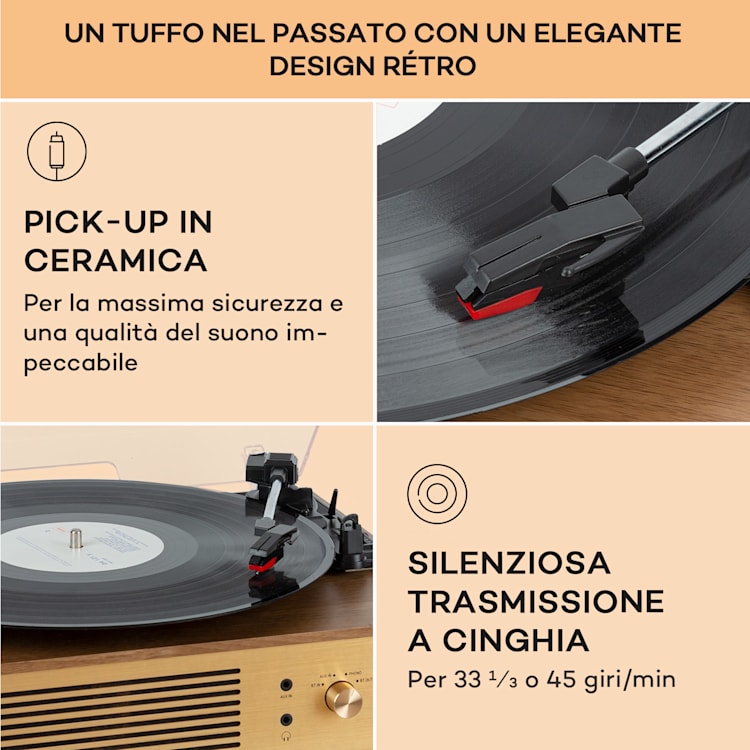 Berklee TT Classic - Giradischi, trazione a cinghia, 33 1/3 & 45 giri/minuto, diffusori stereo Teak