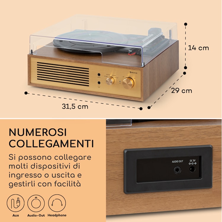 Berklee TT Classic - Giradischi, trazione a cinghia, 33 1/3 & 45 giri/minuto, diffusori stereo Teak