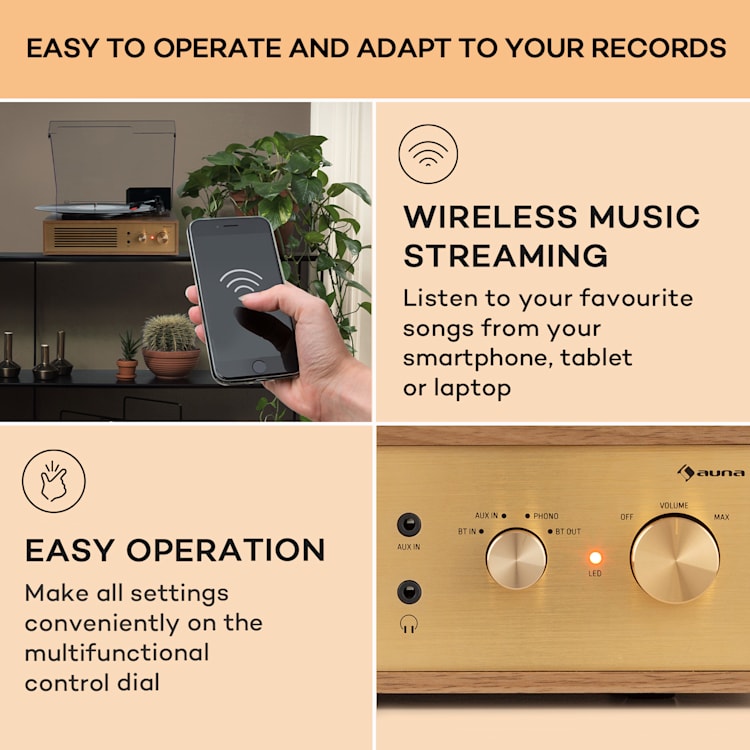 Berklee TT Classic, gramofónový prehrávač, remeňový pohon, 33 1/3 a 45 otáčok/minútu, stereo reproduktory Hnedá