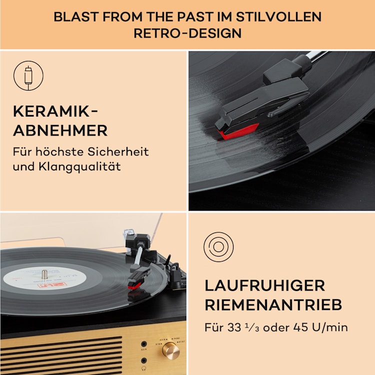 Berklee TT Classic Plattenspieler Riemenantrieb 33 1/3 & 45 U/min Stereo-Lautsprecher Schwarz